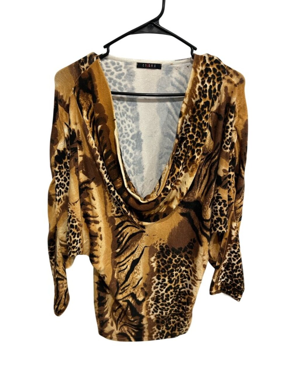 Cyrus Brown Black Animal Print Cowl Neck Ruched Sleeve Top Sz M Retro Statement